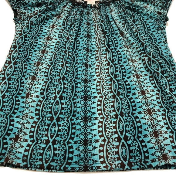 CLAUDIA RICHARD Boho Peasant Top Blue Brown Sz LG - Picture 9 of 15